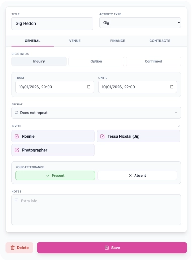 Bandboss Manager - professional band manager app - calendar - gig item - features