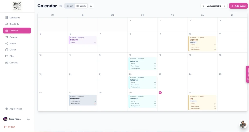 Bandboss Manager - professional band manager app - calendar - features