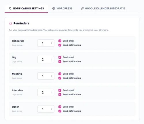 bandboss manager - calender - settings - features