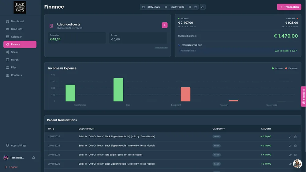 bandboss manager - finance overview - Tools for band management
