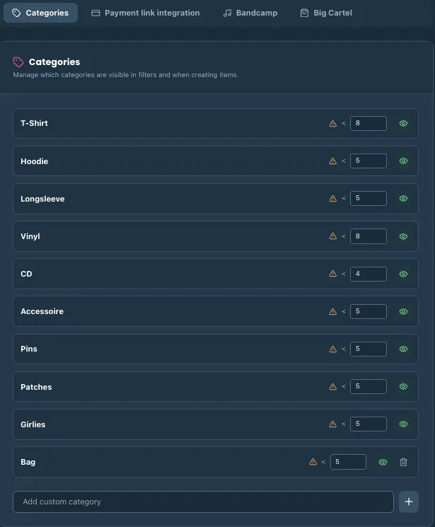 bandboss manager - features - merch manager - settings