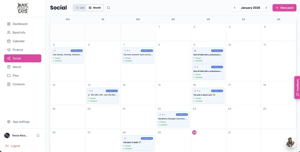 bandboss manager - features - social media planner